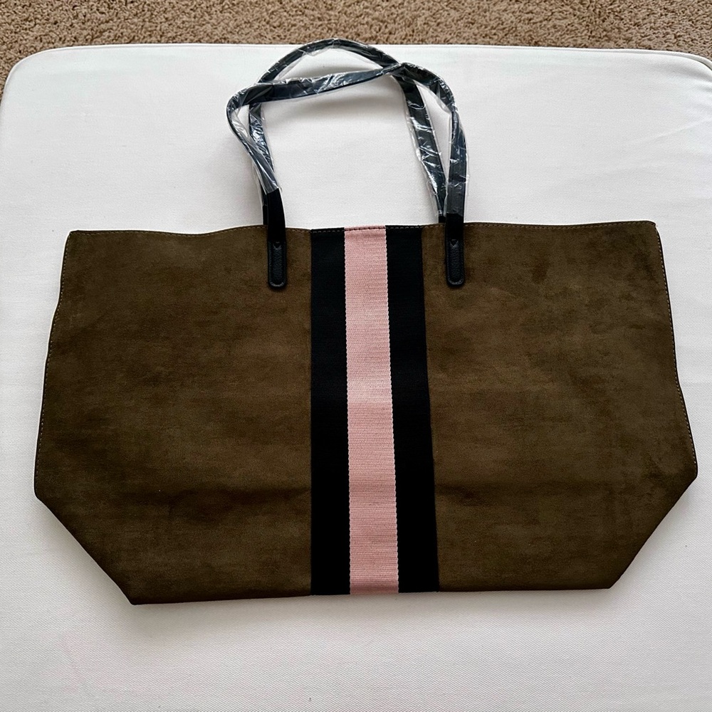 NWOT-Neiman Marcus Olive Green and  Pink Canvas Tote Bag with Minimalist Design - Picture 2 of 7